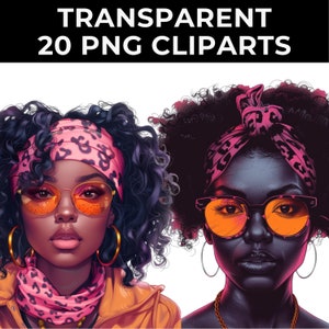 Pode incluir: Duas ilustrações digitais de mulheres com cabelo escuro e encaracolado usando faixas de cabeça com padrão rosa e preto e óculos de sol com lentes laranja. Ambas as mulheres estão usando lenços com padrão rosa e preto.