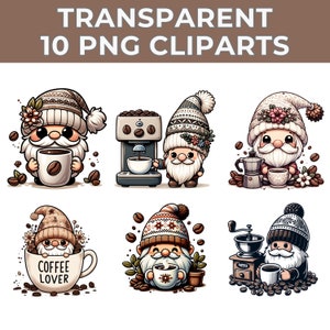 Adorable Watercolor Coffee Lover Gnomes Clipart, Coffee Gnomes PNG for Sublimation, Cute Coffee Beans Gnome Digital Download, Coffee Lover