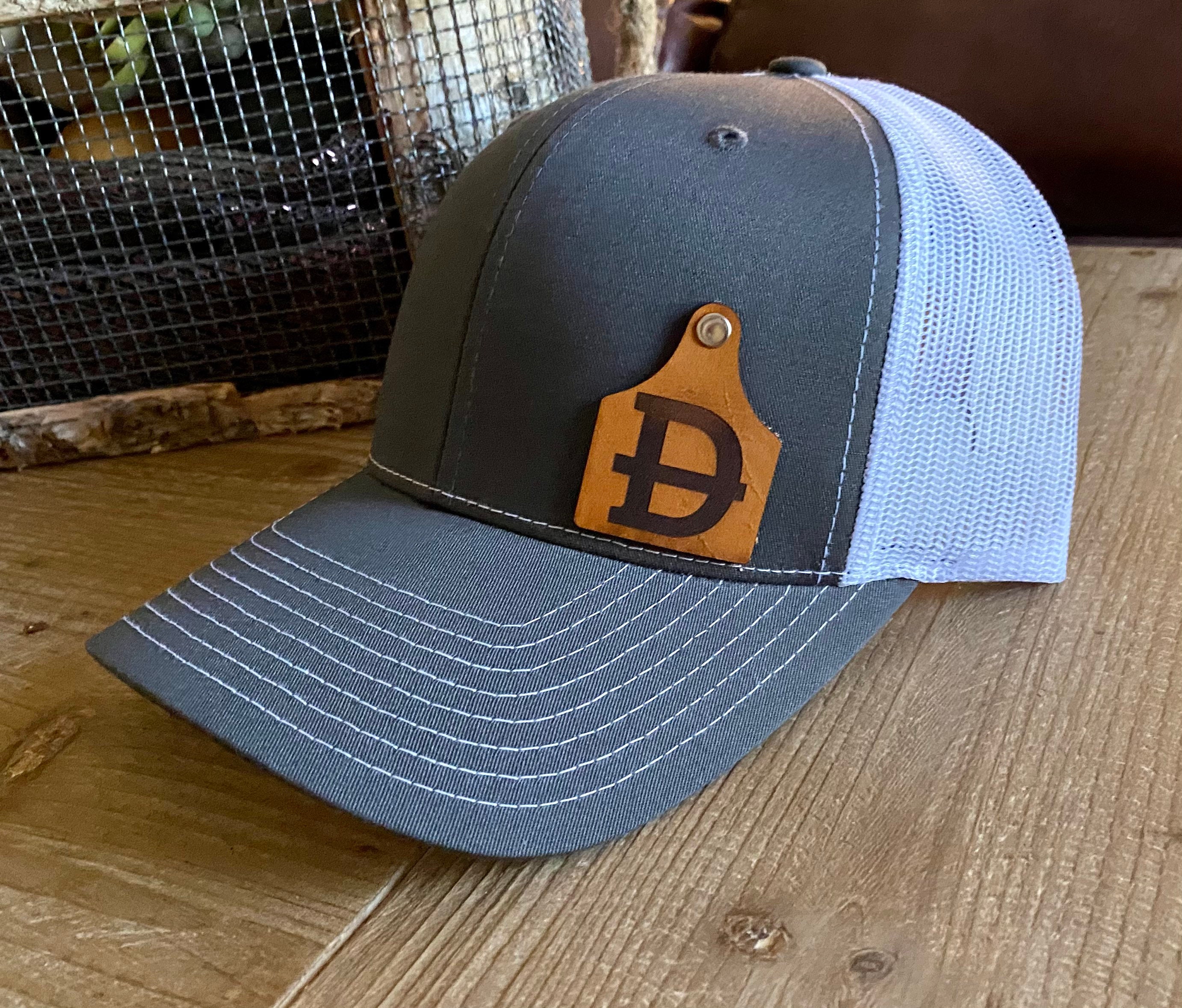 Your BRAND!! Leather Ear Tag Trucker Hat Personalized with Your Unique Brand on The Cattle Tag *Richardson 112*