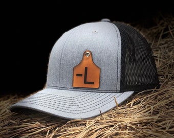 YOUR BRAND!!  Leather Ear Tag Trucker Hat Personalized with Your Unique Brand on the Cattle Tag *Richardson 112*