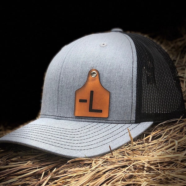 YOUR BRAND!!  Leather Ear Tag Trucker Hat Personalized with Your Unique Brand on the Cattle Tag *Richardson 112*