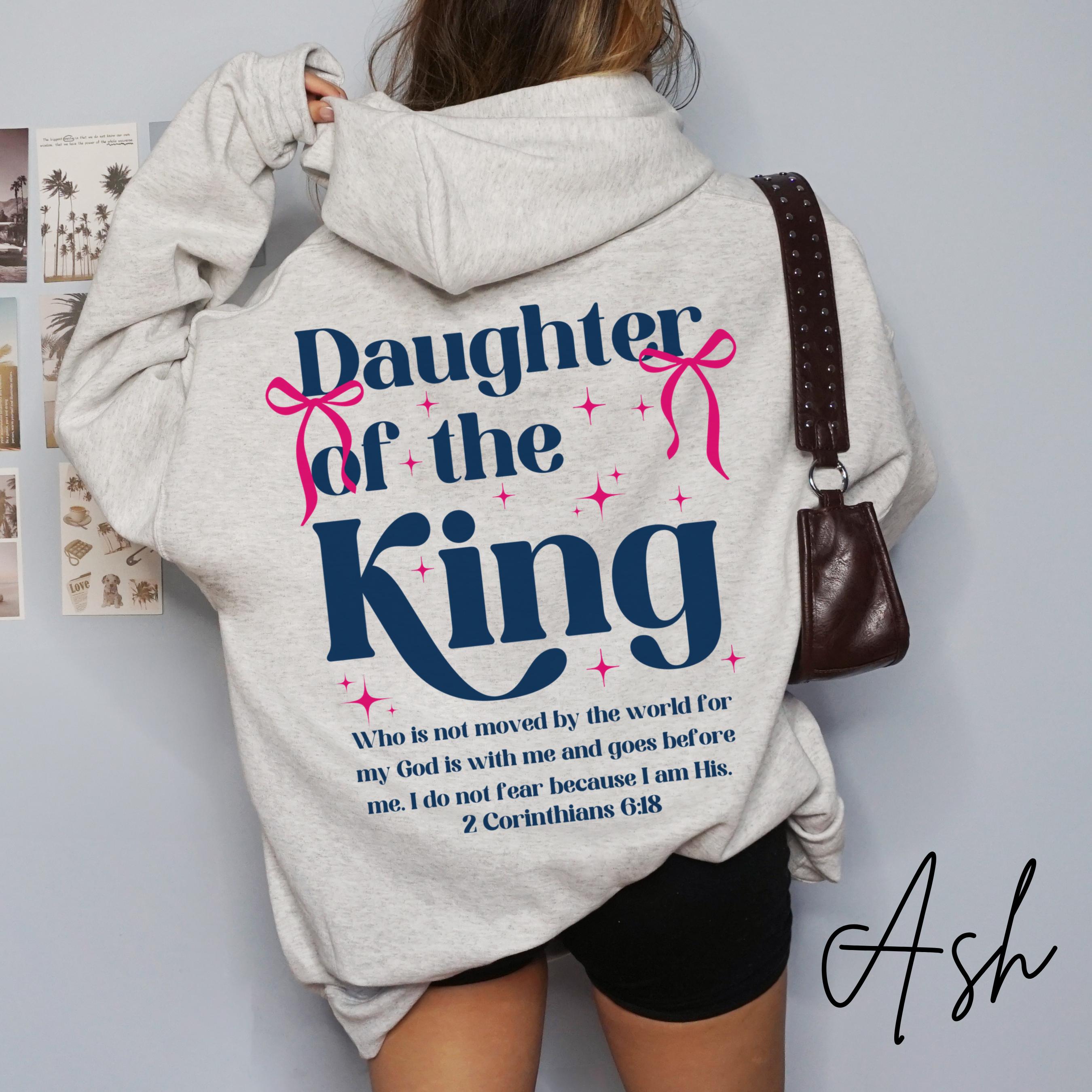 Personalized Name Hoodie Daughter of the King Hoodie Oversized Jesus Pullover Pink Bow Coquette Shirt Faith Apparel Christian Front and Back