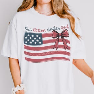 4th of July Shirt Comfort Colors, Patriotic Women Plus Size T Shirt, Faith Tshirt with Bow, Coquette American Flag Tee, Cute USA T-Shirt