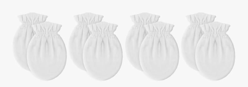 May include: Eight white baby mittens are arranged in pairs. The mittens are made of a soft fabric and have a gathered cuff. The oval-shaped mittens are designed to prevent babies from scratching themselves.