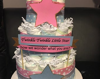 Twinkle Twinkle Gender Reveal Diaper Cake, Pink Blue Gold Twinkle ...