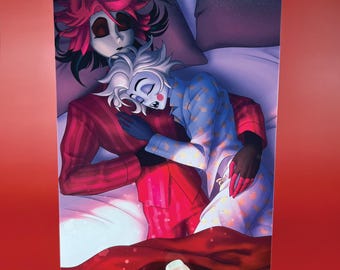 May include: A digital illustration of two characters in bed together. The character on the left is wearing a red and white striped suit with red horns. The character on the right is wearing a blue and white patterned pajama top. The characters are sleeping with their arms around each other.