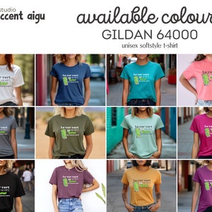 Puede incluir: Un collage de 10 camisetas de diferentes colores con un gr&aacute;fico de un gusano verde con el texto "Le ver vert" en blanco. Las camisetas est&aacute;n disponibles en blanco, azul marino, verde azulado, rosa claro, gris oscuro, verde oliva, verde claro, granate, amarillo mostaza y morado. Las camisetas son Gildan 64000 camisetas unisex softstyle.