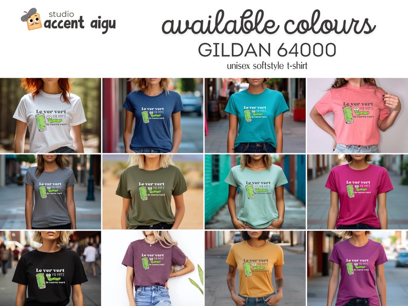 Puede incluir: Un collage de 10 camisetas de diferentes colores con un gr&aacute;fico de un gusano verde con el texto "Le ver vert" en blanco. Las camisetas est&aacute;n disponibles en blanco, azul marino, verde azulado, rosa claro, gris oscuro, verde oliva, verde claro, granate, amarillo mostaza y morado. Las camisetas son Gildan 64000 camisetas unisex softstyle.
