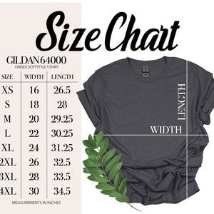 Puede incluir: Tabla de tallas para una camiseta unisex Gildan 64000 softstyle. La tabla muestra las medidas de ancho y largo en pulgadas para las tallas XS a 4XL.