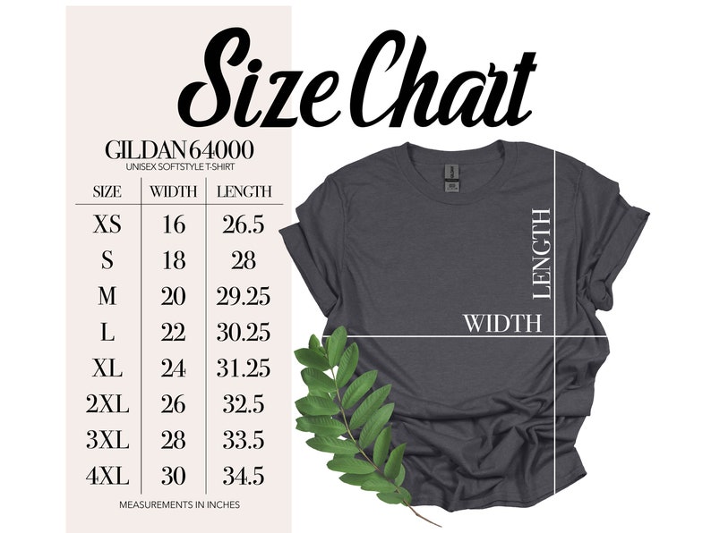 Puede incluir: Tabla de tallas para una camiseta unisex Gildan 64000 softstyle. La tabla muestra las medidas de ancho y largo en pulgadas para las tallas XS a 4XL.