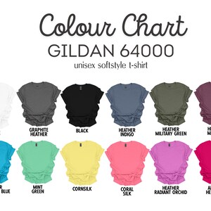 Puede incluir: Carta de colores para camisetas unisex Gildan 64000 softstyle. La carta muestra 12 colores diferentes, incluyendo blanco, negro, jaspeado grafito, jaspeado &iacute;ndigo, jaspeado verde militar, jaspeado granate, jaspeado azul Gal&aacute;pagos, verde menta, cornsilk, coral seda, jaspeado orqu&iacute;dea radiante y heliconia antigua.
