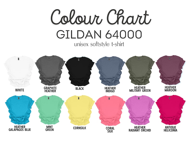 Puede incluir: Carta de colores para camisetas unisex Gildan 64000 softstyle. La carta muestra 12 colores diferentes, incluyendo blanco, negro, jaspeado grafito, jaspeado &iacute;ndigo, jaspeado verde militar, jaspeado granate, jaspeado azul Gal&aacute;pagos, verde menta, cornsilk, coral seda, jaspeado orqu&iacute;dea radiante y heliconia antigua.