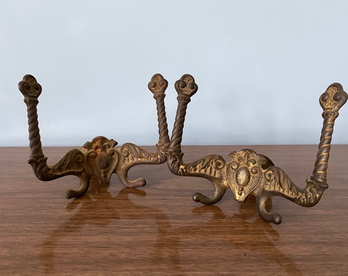 Pair of Cast Iron Victorian Hall Tree Double Coat Hooks / Victorian