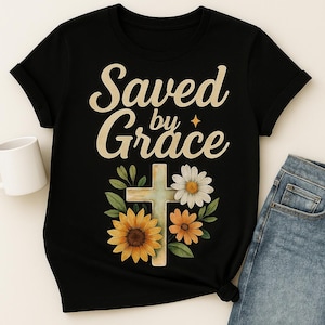 Watercolor Cross PNG: Saved By Grace, Floral Religious Art (Digital Download)