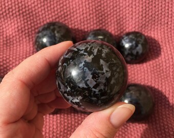 Indigo Gabbro / Mystic Merlinite Sphere / Crystal Ball / Black Grey Silver Gemstone / Magic