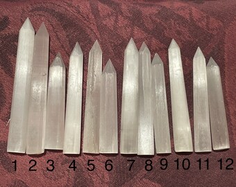 Small Selenite Point Wand (one) / Clearing Cleansing Stick Bar / Lunar Smooth Polished Satin Spar Pencil Point Generator Tower
