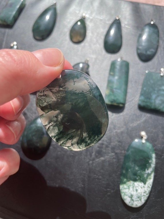 Large Moss Agate flat back Pendant with Sterling … - image 5