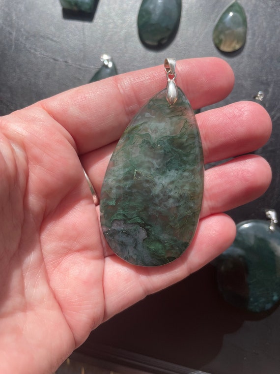 Large Moss Agate flat back Pendant with Sterling … - image 4