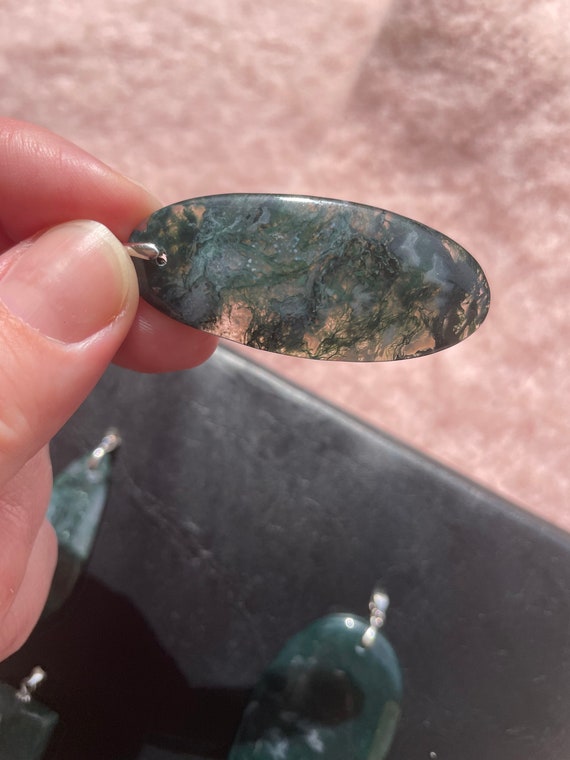 Large Moss Agate flat back Pendant with Sterling … - image 6