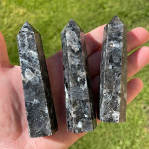 May include: Three black and grey granite crystal points, also known as black tourmaline, are held in a hand. The points are approximately 5 cm in length.