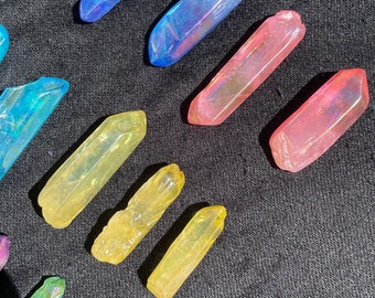 Aura wand / Colourful Rainbow Titanium Aura Quartz Point / Shiny Metal Small size / Blue pink Purple yellow
