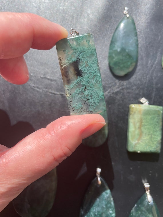 Large Moss Agate flat back Pendant with Sterling … - image 3