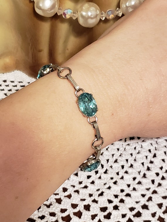 Sterling 3 Aqua glass stones bracelet Beautiful F… - image 2