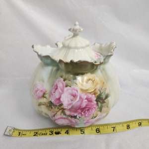 Rare GORGEOUS RS PRUSSIA Biscuit jar roses Pearl effect Unique shape