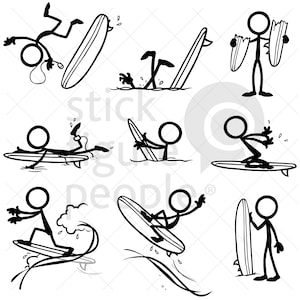 May include: A set of nine black and white stick figure illustrations depicting various surfing poses. The figures are shown surfing, falling off their boards, and holding surfboards.