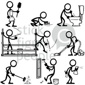 May include: A set of black and white stick figure illustrations depicting various household cleaning tasks. The figures are cleaning a toilet, vacuuming, dusting, washing windows, sweeping, and mopping.