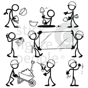 May include: Black and white cartoon illustration of stick figures wearing hard hats and using various tools for construction and home improvement. The tools include a shovel, a hammer, a drill, a saw, a level, a tape measure, and a wheelbarrow.