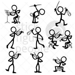 Può includere: Nove illustrazioni di figure stilizzate di persone che suonano il violino. Alcune sono in piedi, altre sono sedute e alcune tengono un arco.