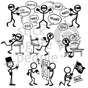 May include: Black and white stick figure illustrations of hackers engaging in various cybercrime activities, including illegal downloads, piracy, malware, and hacking. The illustrations depict different scenarios, such as a hacker sitting at a computer with a skull and crossbones explosion in the background, a hacker using a credit card to steal money from an ATM, and a hacker holding a pirate flag with the word "HACK" written on it.