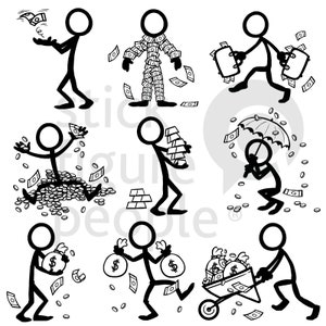 以下が含まれることがあります： お金を稼ぐさまざまな方法を描いた、白黒の棒人間イラストのセット。イラストは、お金を空中に投げている、お金で覆われている、お金でいっぱいのブリーフケースを持っている、コインの山に座っている、金塊の束を持っている、お金の雨の中で傘を持っている、お金の袋を持っている、お金でいっぱいの手押し車を押している様子を描いています。