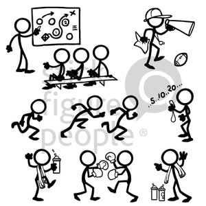 Op de afbeelding: Zwart-witte stick figure illustraties die verschillende sportactiviteiten uitbeelden, waaronder coachen, boksen, rennen en een teammeeting.