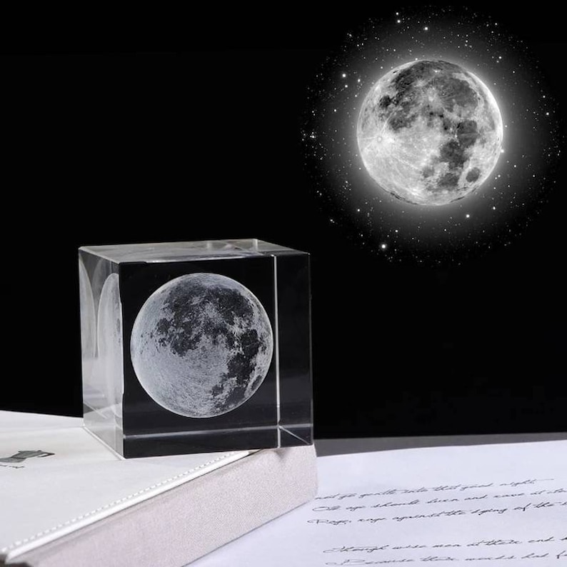 Crystal Moon Glass Cube Laser Etched Moon Model Outer Space Etsy