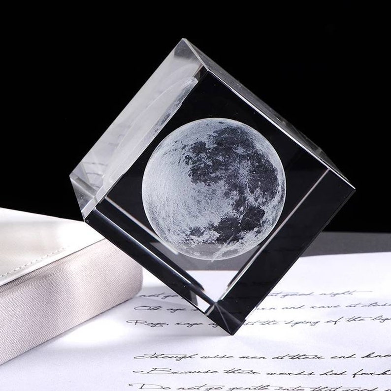 Crystal Moon Glass Cube Laser Etched Moon Model Outer Space Etsy