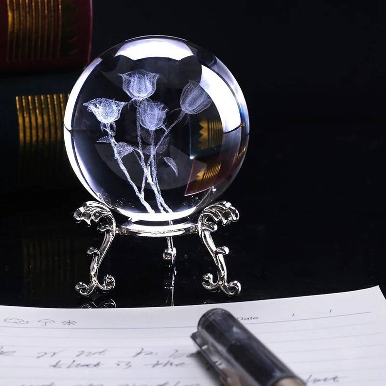 Laser Engraved Rose Crystal Ball Miniature Flower Quartz Globe Etsy