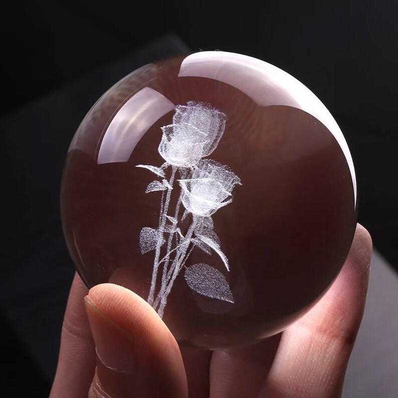 Laser Engraved Rose Crystal Ball Miniature Flower Quartz Globe Etsy