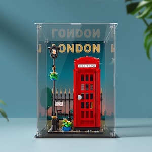 Acrylvitrine met op maat gemaakte UV-geprinte achtergrond voor Lego 21347 London telefooncel