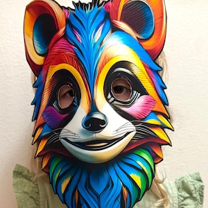 Printable Super Charged Raccoon mask for kids. DIY Halloween mask, woodland animal mask, masquerade mask for toddler, Raccoon costume.