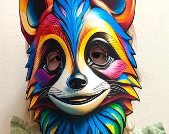 Printable Super Charged Raccoon mask for kids. DIY Halloween mask, woodland animal mask, masquerade mask for toddler, Raccoon costume.