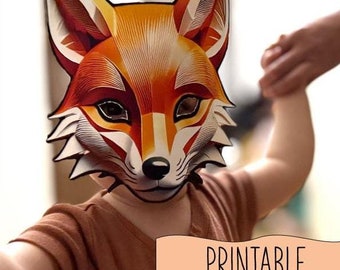 Printable fox mask for kids. DIY Halloween mask, woodland animal mask, masquerade mask for toddler, fox costume.