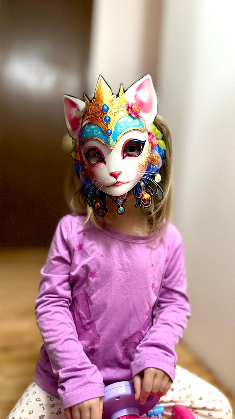 May include: A young person wearing a white, blue, and gold cat mask with intricate details. The mask has a crown and floral accents. The person is wearing a purple long-sleeved shirt with a white unicorn design.