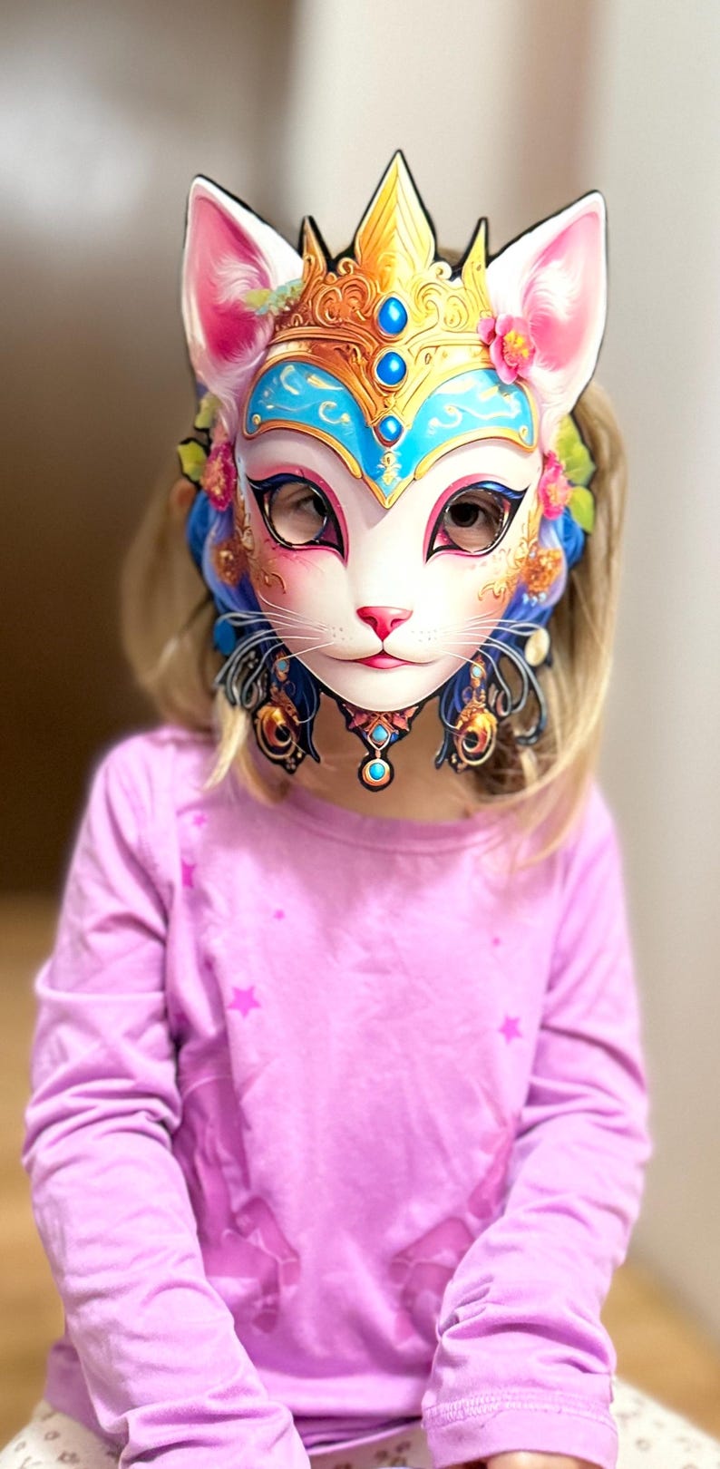 May include: A child wearing a pink shirt and a white cat mask with gold, blue, and pink details. The mask has a crown and dangling earrings.