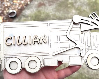 Personalized Wooden Garbage Truck Name Sign – Custom Engraved Gift for Kids