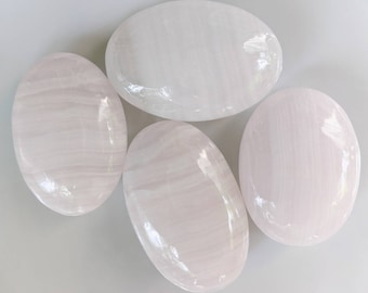 Pink Mangano Calcite Palm Stone: Polished Crystal Carving