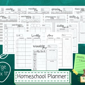 May include: A set of printable homeschool planner pages in black and white. The pages include sections for book lists, audio lists, reading logs, curriculum trackers, grade logs, daily agendas, field trip planners, and weekly plans. The pages are designed for use with a standard 8.5 x 11 inch binder.