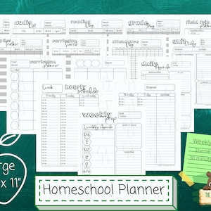Puede incluir: Un conjunto de páginas de planificación de la escuela en casa imprimibles en blanco y negro. Las páginas incluyen una lista de libros, una lista de audio, un registro de lectura, un planificador de currículo, un registro de calificaciones, un registro de asistencia, una agenda diaria, una preparación semanal, un horario por hora y un planificador de excursiones. Las páginas están diseñadas para usarse con una carpeta estándar de 21,6 x 27,9 cm.