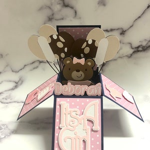 Teddy bear 3d box card, baby shower- girl
